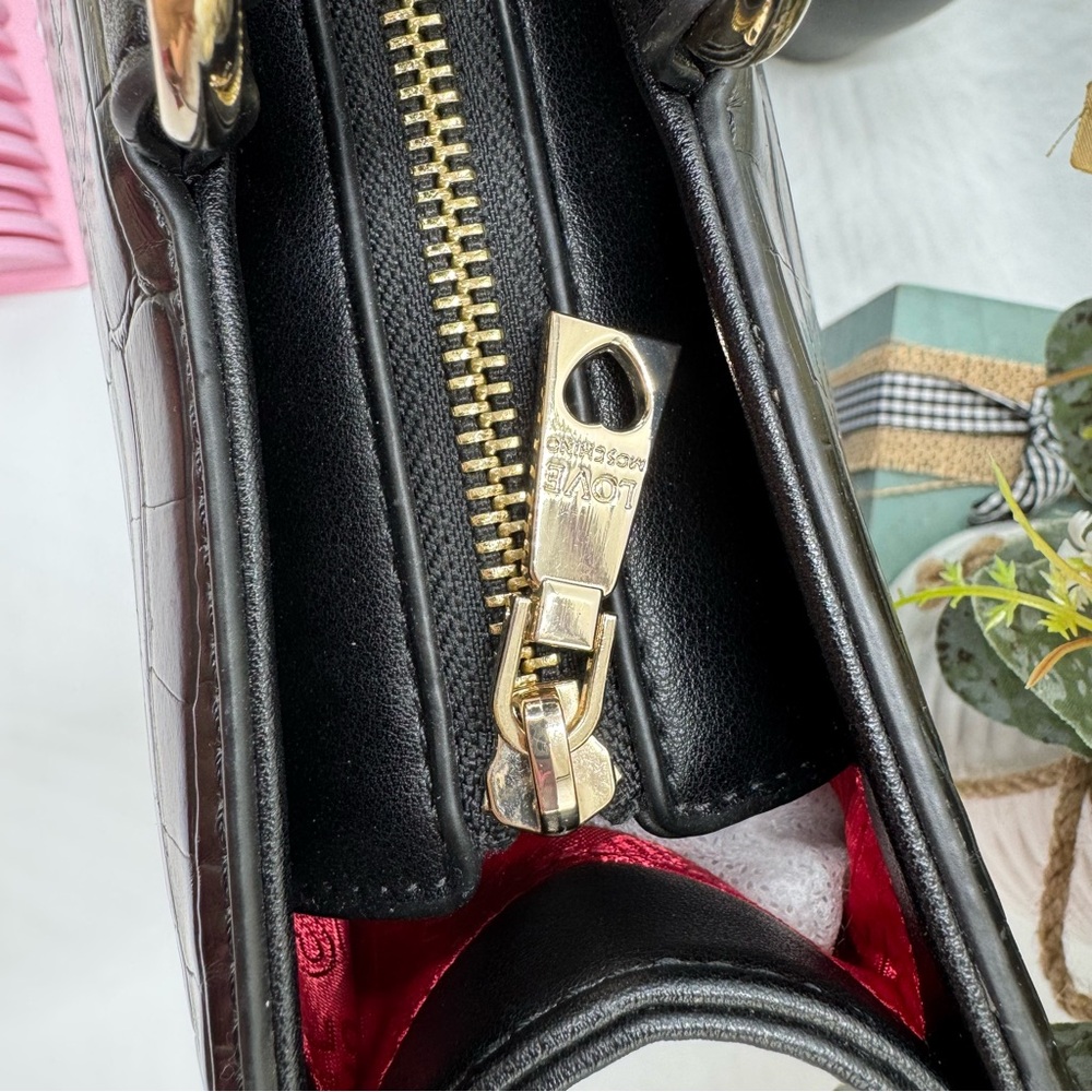 Love Moschino Black Croc Embossed Tote Bag with Mirror Heart Charm - Picture 6 of 10